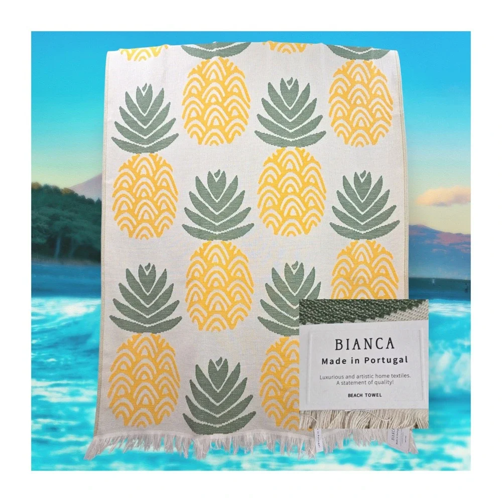 Bianca Pineapple Cotton Beach Towel Yellow Green Jacquard Weave Made in Portugal